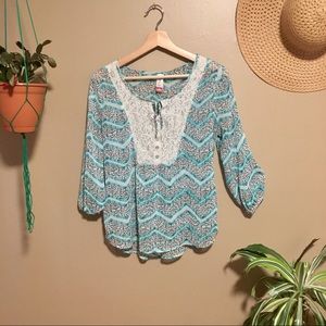 Boho Tribal Patterned Tie Front Pullover  Blouse